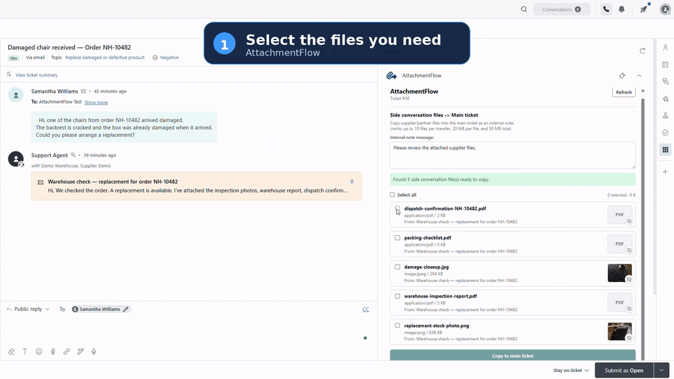 AttachmentFlow demo — copy side conversation attachments to the main ticket